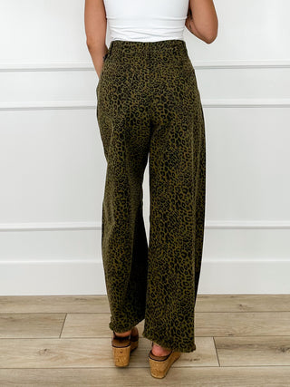 High-rise leopard print barrel jeans in dark olive, wide leg ankle-length