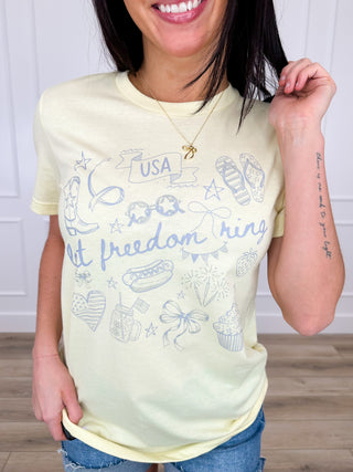Let Freedom Ring Cotton Blend Short Sleeve Yellow Avery Mae Graphic Tee Shirt (Bella+Canvas)