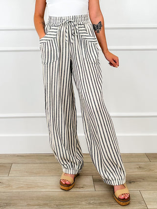 High-rise striped cotton pants, elastic drawstring waist, cuffed hem
