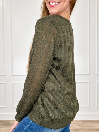 Olive green textured knit long-sleeve top with round neckline, relaxed fit