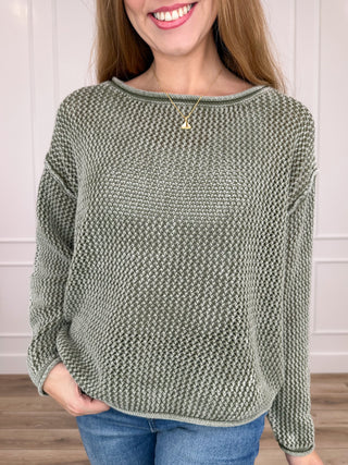 Green cotton knit long-sleeve sweater with crew neck and textured pattern