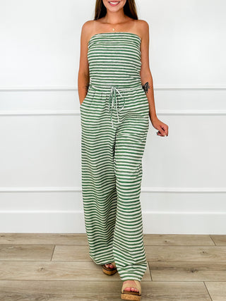 Green striped strapless tube top and high-rise wide-leg pants set with drawstring waist
