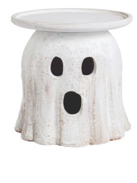 White ghost-themed pillar stand with rounded eyes and open mouth cutout