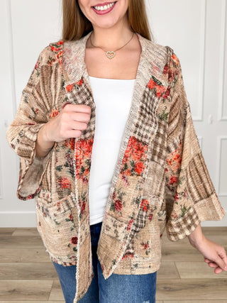 Women's hooded button-up top, brown knit with red and green floral accents