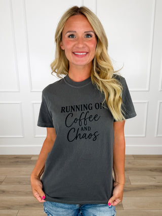 Running on Coffee & Chaos Cotton Short Sleeve Charcoal Avery Mae Graphic Tee Shirt (Comfort Colors)