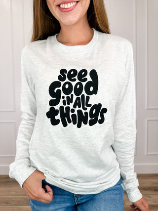 Long-sleeve graphic tee in heather grey with 'see good in all things' print