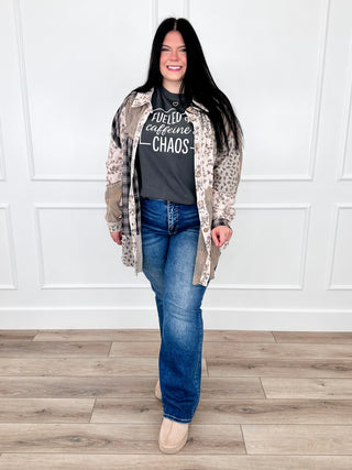 Multi-color long-sleeve cotton tunic top with open front and abstract print, beige and black