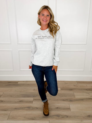 Grey Gildan crewneck sweatshirt with long sleeves and small chest text graphic