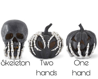 Halloween pumpkin skeleton decor set, skull faces with bony ribs and exposed hands