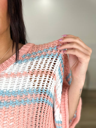 Cotton-blend sweater top, knit texture close-up with openwork pattern, pink blue white stripes