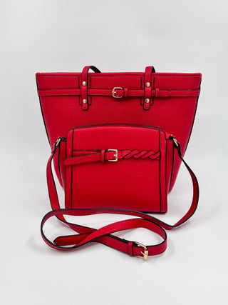 Red faux leather shoulder bag with top flap, front organizer pocket, and crossbody strap
