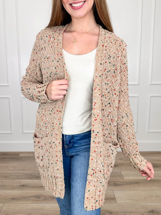 Tan knit long-sleeve cardigan with speckled multicolor texture, open front