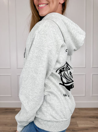 Grey long sleeve graphic hoodie, partial sleeve print, pullover hood