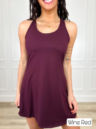 Padded skort dress in wine red, sleeveless scoop neck, A-line mini