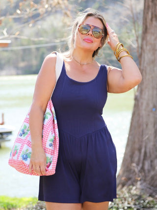 Cotton romper, navy blue, sleeveless scoop neck with gathered waist and short legs