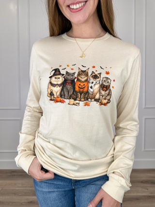 Feline Spook-tacular Cotton Long Sleeve Cream Avery Mae Graphic Tee Shirt (Bella+Canvas)