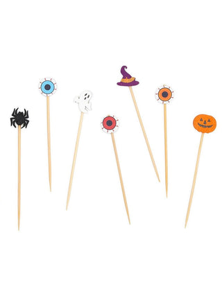 Assorted Halloween cocktail picks with spider, ghost, witch hat and eyeball tops