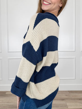 Striped cotton sweater top with 3/4 sleeves, cream and navy blue block stripes