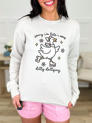 Dilly Dallying Cotton Blend Long Sleeve Oat Avery Mae Graphic Crewneck Sweatshirt
