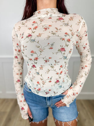 Sweet Creature Sheer Mesh Long Sleeve Cream Avery Mae Mom Cropped Top