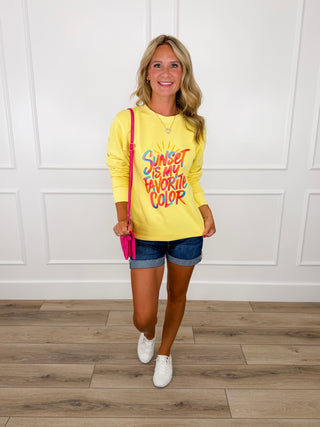 Sunset Splendor Cotton Blend Long Sleeve Yellow Avery Mae Graphic Crewneck Sweatshirt (Independent Trading Co)