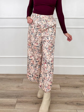 Cream high-rise wide-leg cropped pants with multicolor floral print