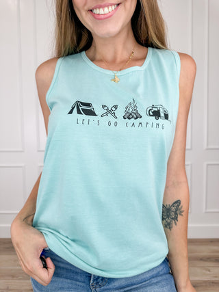 Light blue cotton graphic tank top with camping illustration