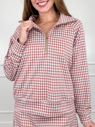 Pink and white gingham knit quarter-zip long-sleeve top with kangaroo pocket