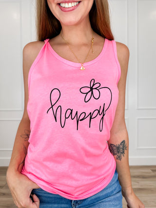 Feeling So Happy Cotton Blend Pink Avery Mae Graphic Tank Top (Bella+Canvas)
