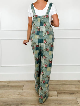 Teal floral patchwork overalls, wide-leg straight fit