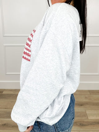 Grey lightweight crewneck sweatshirt with sleeve print and relaxed long sleeves