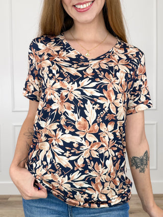 Blue floral rayon-blend short-sleeve top with button keyhole neckline