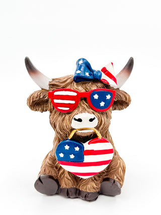 Patriotic paddock decor cow figure with American flag sunglasses and patriotic vest