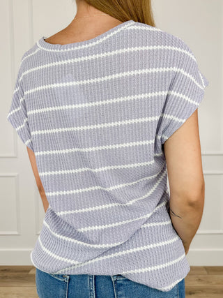 Purple striped knit short-sleeve top, back view with crew neckline