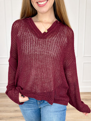 Wine-red knit long-sleeve V-neck top, relaxed fit