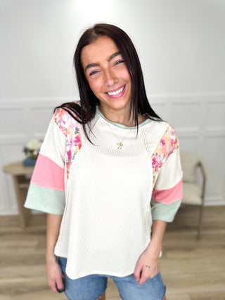 Over Here Manifesting Ribbed 3/4 Sleeve Oat Avery Mae Top