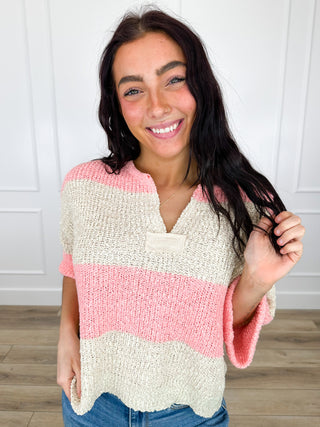 Striped knit cropped sweater top with short sleeves, V-neck, pink and cream bands
