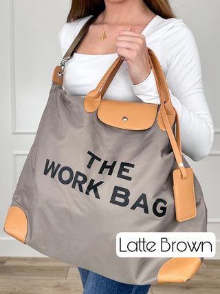 Latte brown work tote bag with tan handles and small front logo