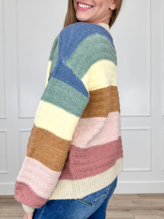 Multicolor stripe knit cardigan with button-front long sleeves and ribbed cuffs