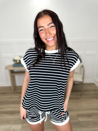 Black and white striped cotton-blend tee and high-rise shorts set with drawstring