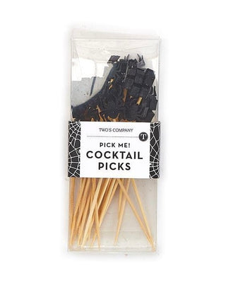 Halloween cocktail picks with black spider decorations on wooden sticks
