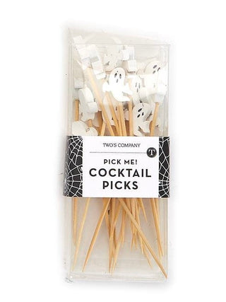 Halloween cocktail picks with white ghost decorations on wooden sticks