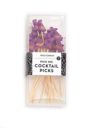 Halloween cocktail picks with purple haunted figures on wooden sticks