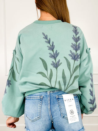 Cotton blend pullover top, sage green, large back floral print, long loose sleeves
