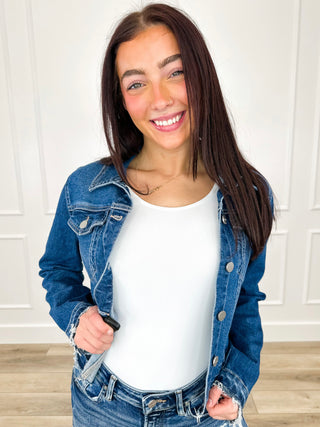 Risen Remy Cotton Blend Long Sleeve Dark Wash Denim Jacket