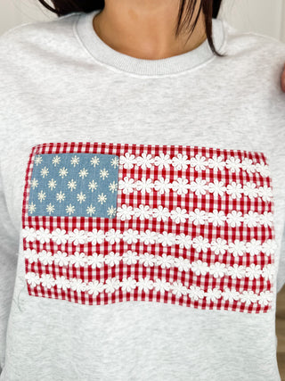 Grey lightweight crewneck sweatshirt with close-up of star-spangled striped graphic