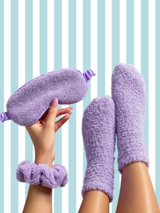 Lavender fuzzy sleep mask and matching socks set