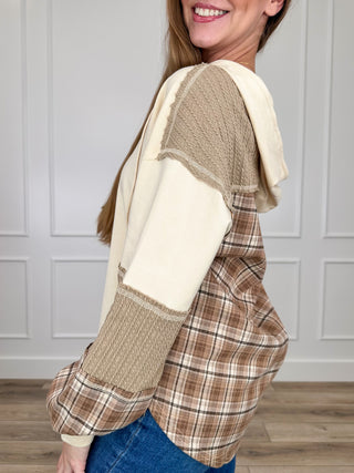 Cream cotton hooded long-sleeve top with plaid sleeves and contrast hood lining