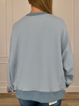 Blue and white striped long-sleeve sweatshirt, relaxed fit, crew neck (back)