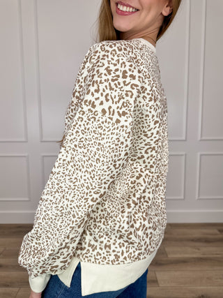Isn't it Wild ribbed long sleeve top, leopard print beige with dark spots